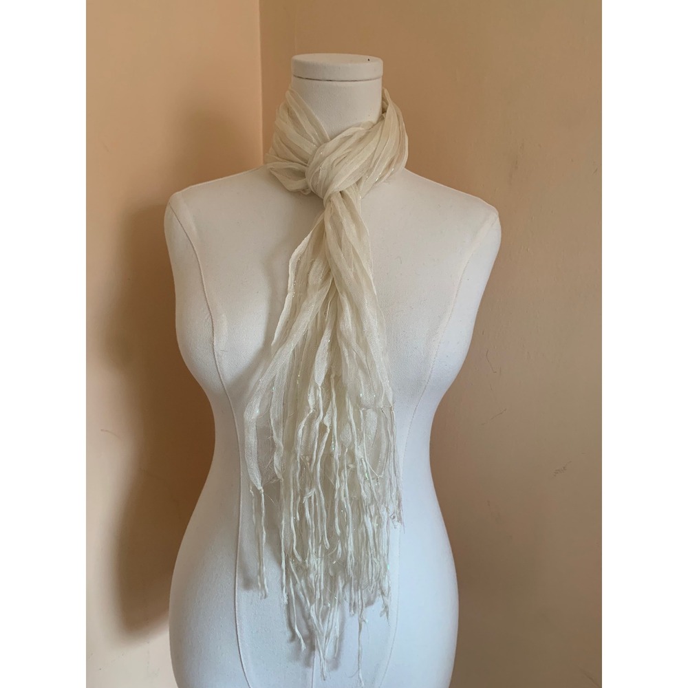 Vintage Sheer Cream Striped Scarf Iridescent Lurex Fringe Tassel Wrap